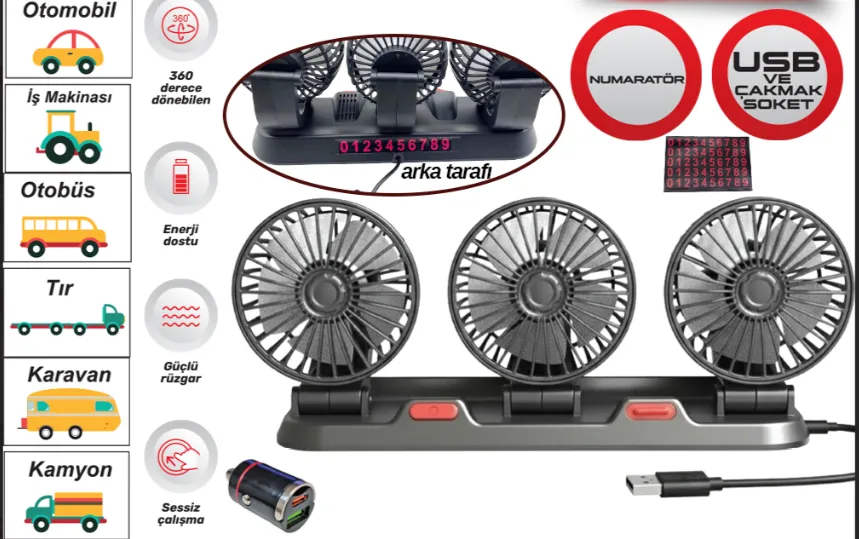 VANTiLATÖR 12V USB SOKETLi TORPiDO ÜSTÜ 3 LÜ+NUMARATÖRLÜ 1